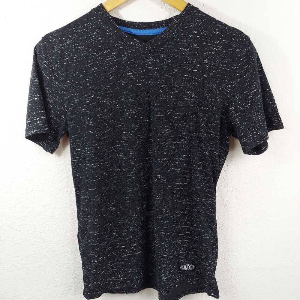 BKC Mens Top Black White Marled V Neck Short Sleeve Logo Cotton Blend Small